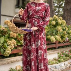 Flower Patterned Claret Red Dress