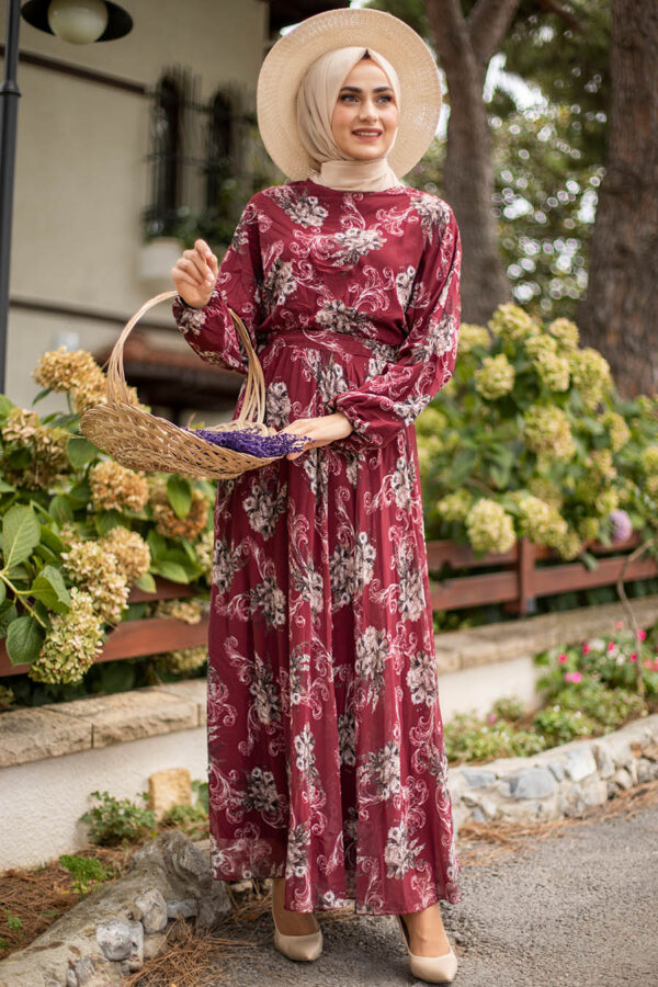 Flower Patterned Claret Red Dress