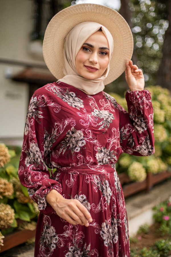 Flower Patterned Claret Red Dress - Image 2