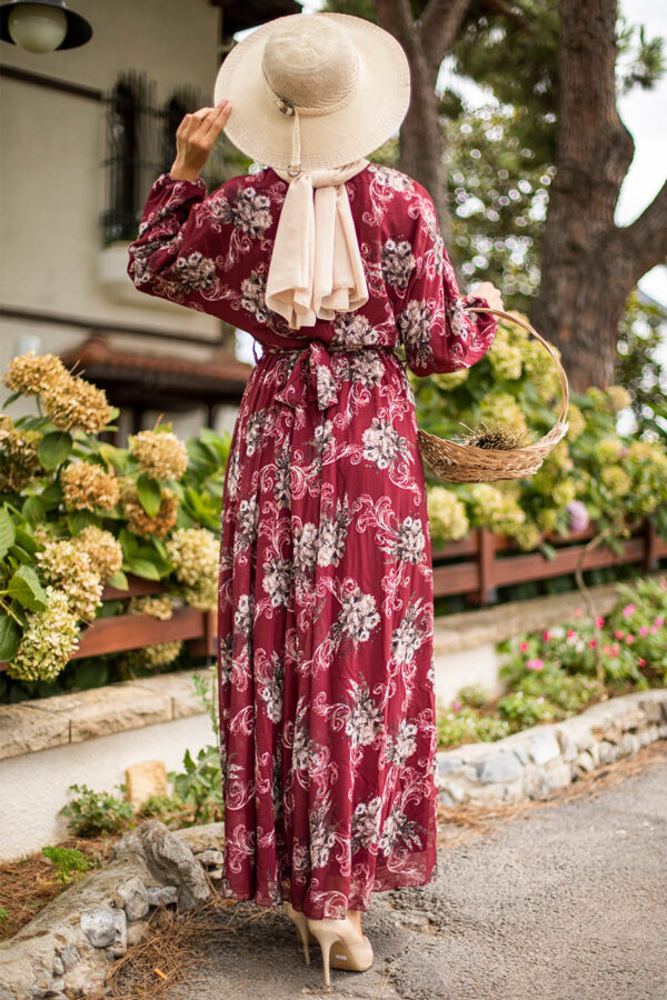 Flower Patterned Claret Red Dress - Image 3