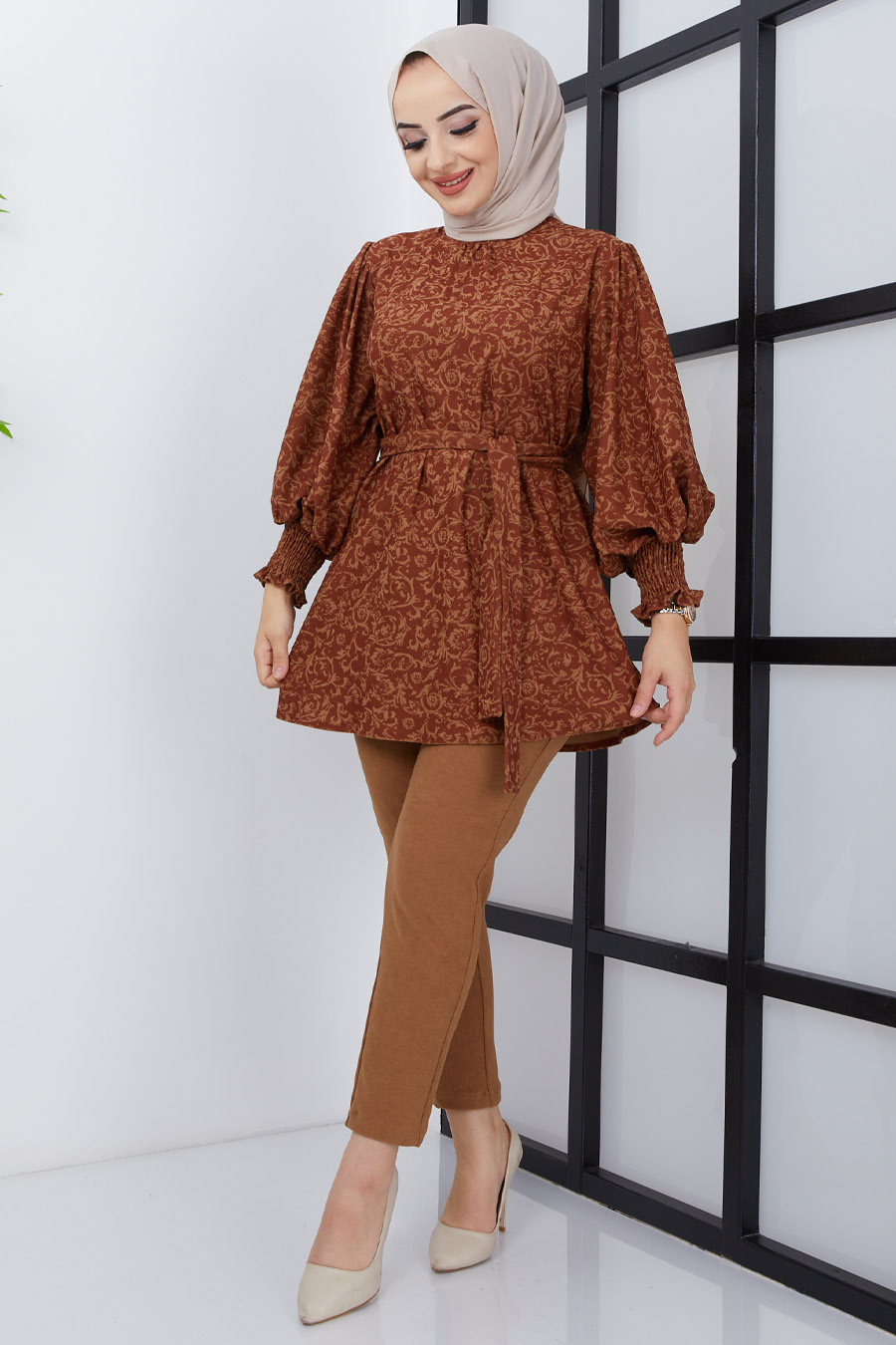 Printed Tan Tunic & Pants