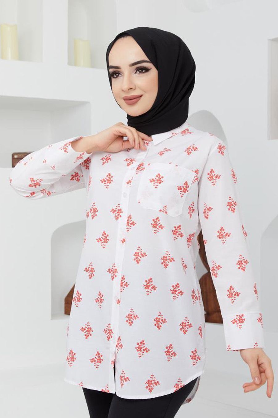 Flower Patterned Coral Color Tunic